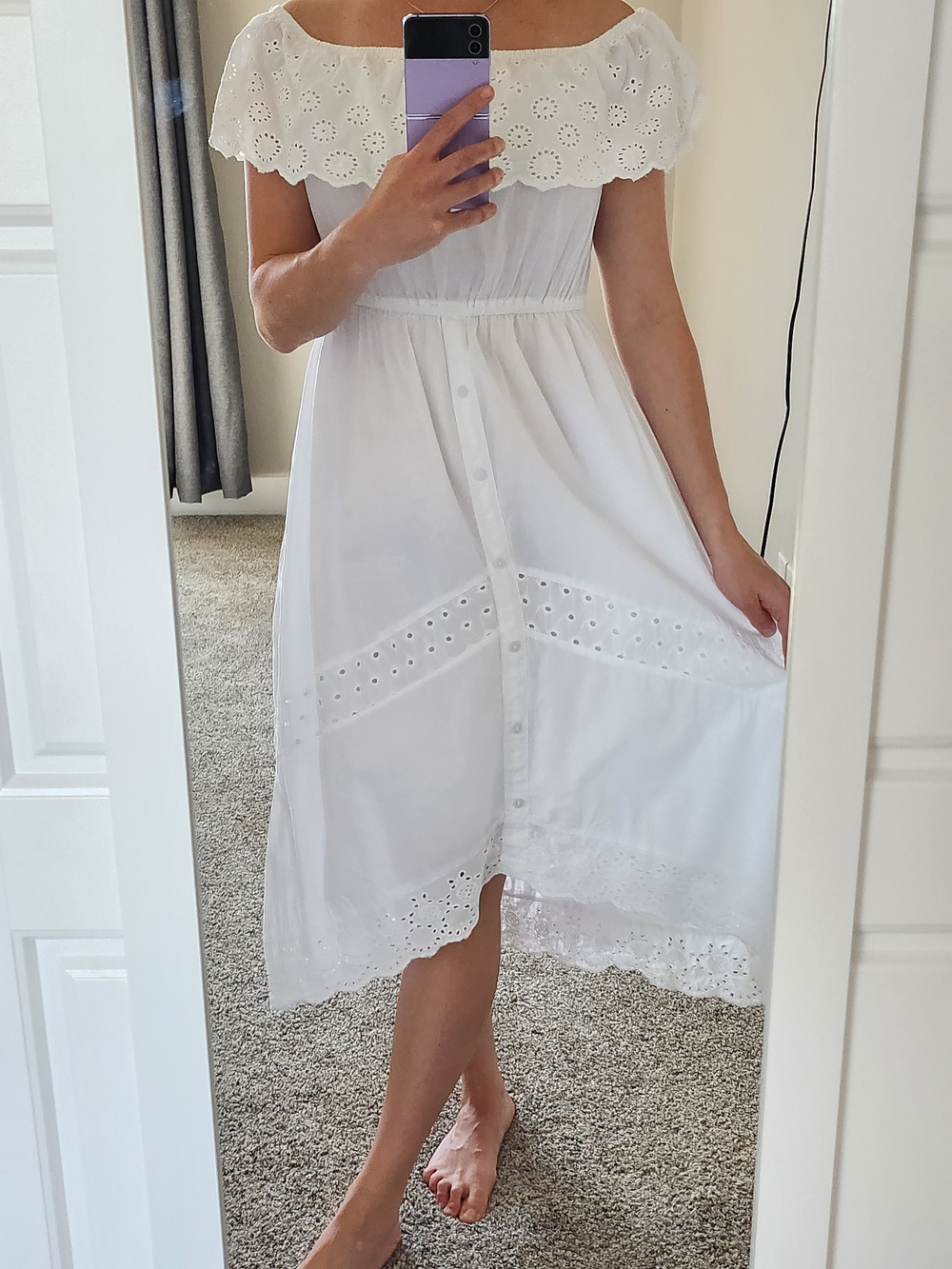 White Off-Shoulder Eyelet Midi Dress
